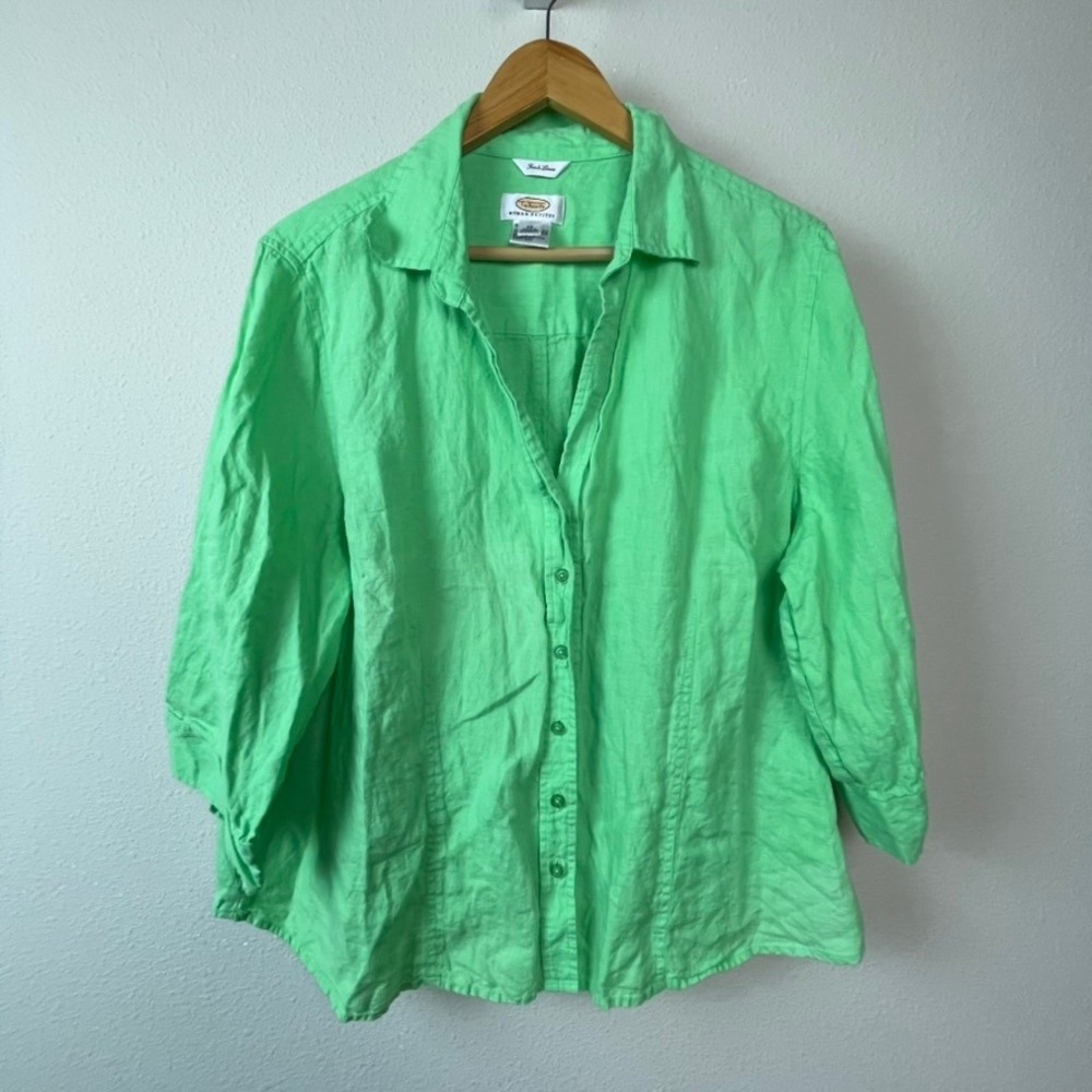 Talbots‎ Irish Linen Button Up Shirt Womens 3X Petite Green 3/4 Sleeve Coastal